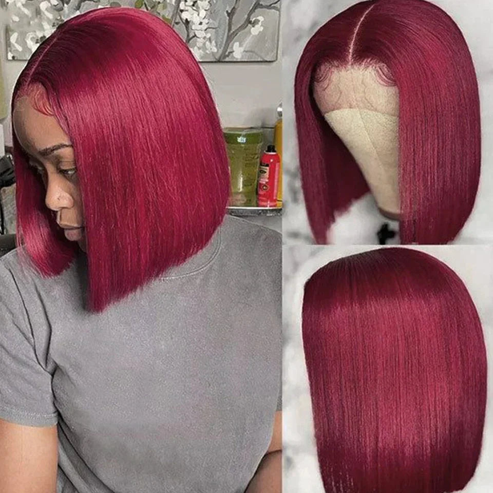 10-14 Inch Burgundy Transparent Lace Front Short Bob Human Hair Wig 200% Density