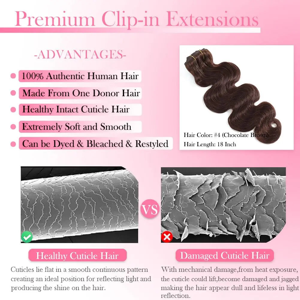 #4 Chocolate Brown Body Wave 100% Remy Brazilian Human Hair Clip-In Extensions 8-24 Inch 110g 8Pcs Set Full Head