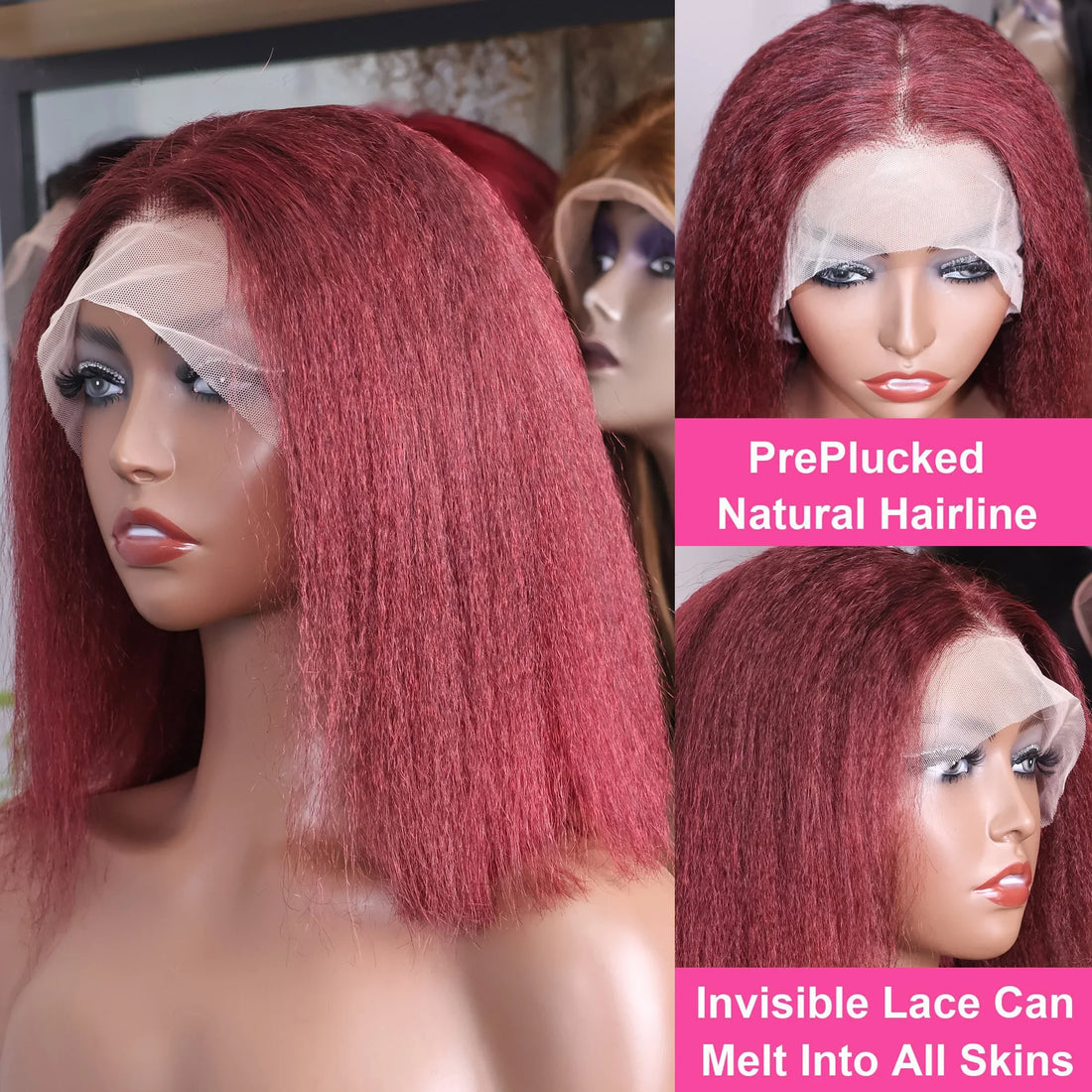 Kinky Straight 99J Burgundy Short Bob 13x4 Transparent Lace Human Hair Wig