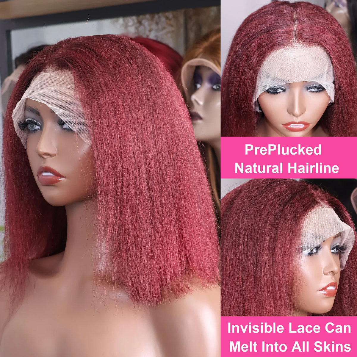 Kinky Straight 99J Burgundy Short Bob 13x4 Transparent Lace Human Hair Wig