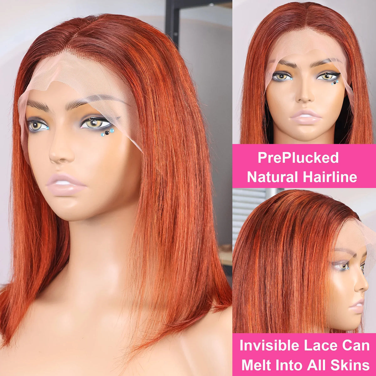 14 Inch 200% Density Brown Ginger Orange Straight Short Bob Human Hair Wig Transparent Lace Pre Plucked