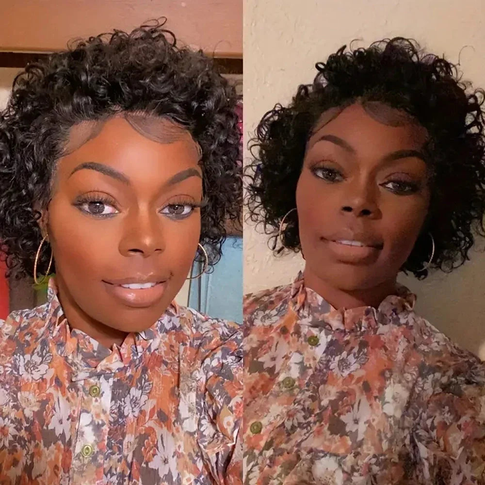 Short Curly Pixie Cut Bob Human Hair Wig 13x1 Transparent Lace Front Brazilian