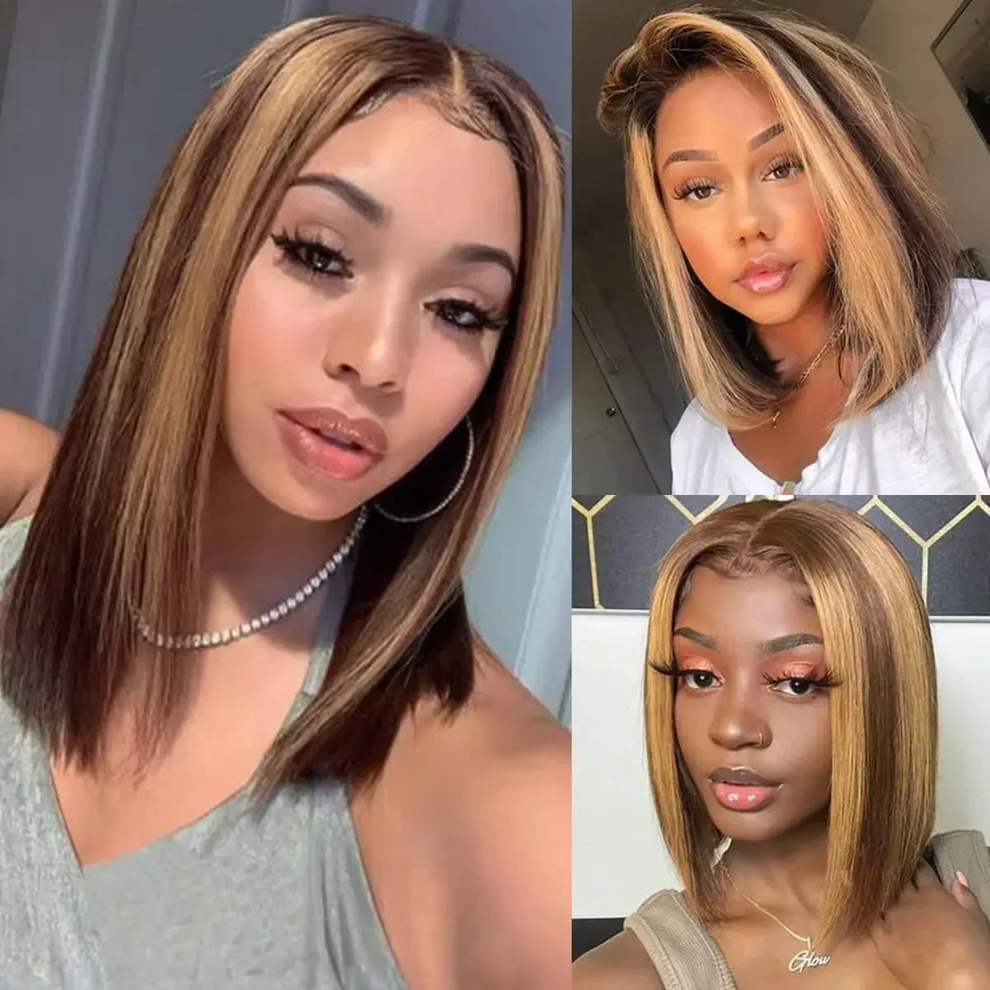 Human Hair Ombre Honey Blonde Lace Front Bob Wig 13x4 Transparent Frontal 10-16 Inch