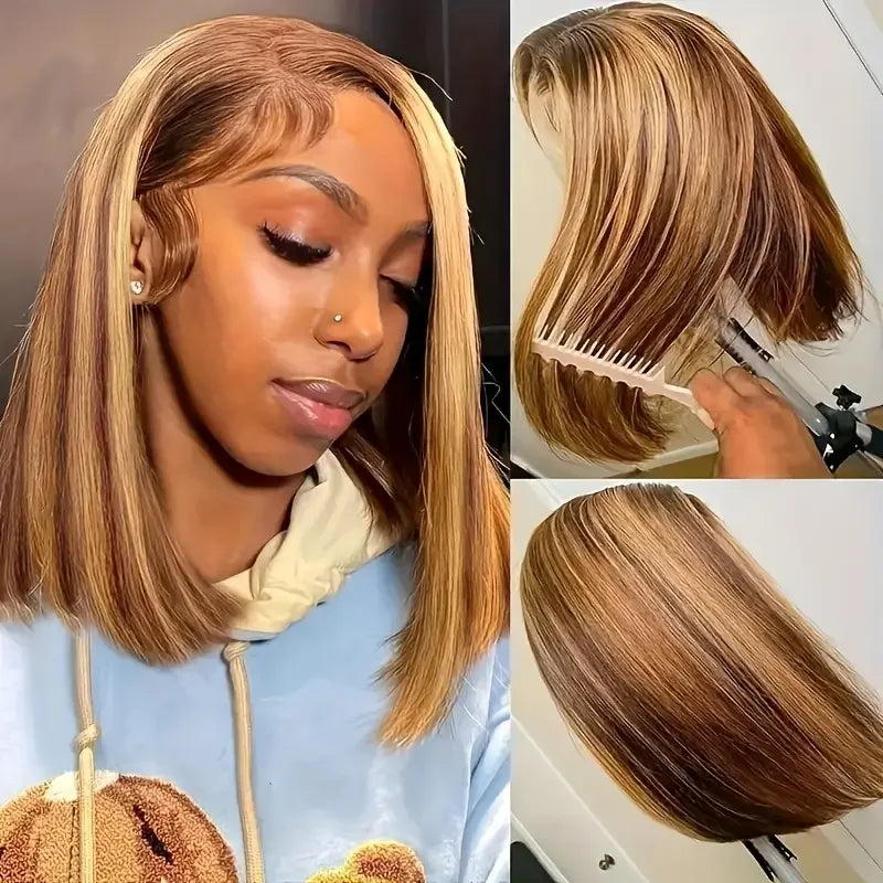 14 Inch 4/27 Brown Blonde Straight Brazilian 13x4 Transparent Frontal Bob Wig 200% Density Pre-Plucked