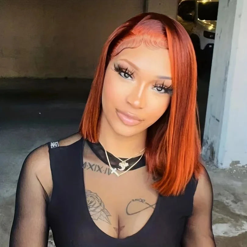 Highlight P4/350 Straight 13x4 Transparent Lace Short 14Inch Pre-Plucked Ginger Orange Human Hair Wig