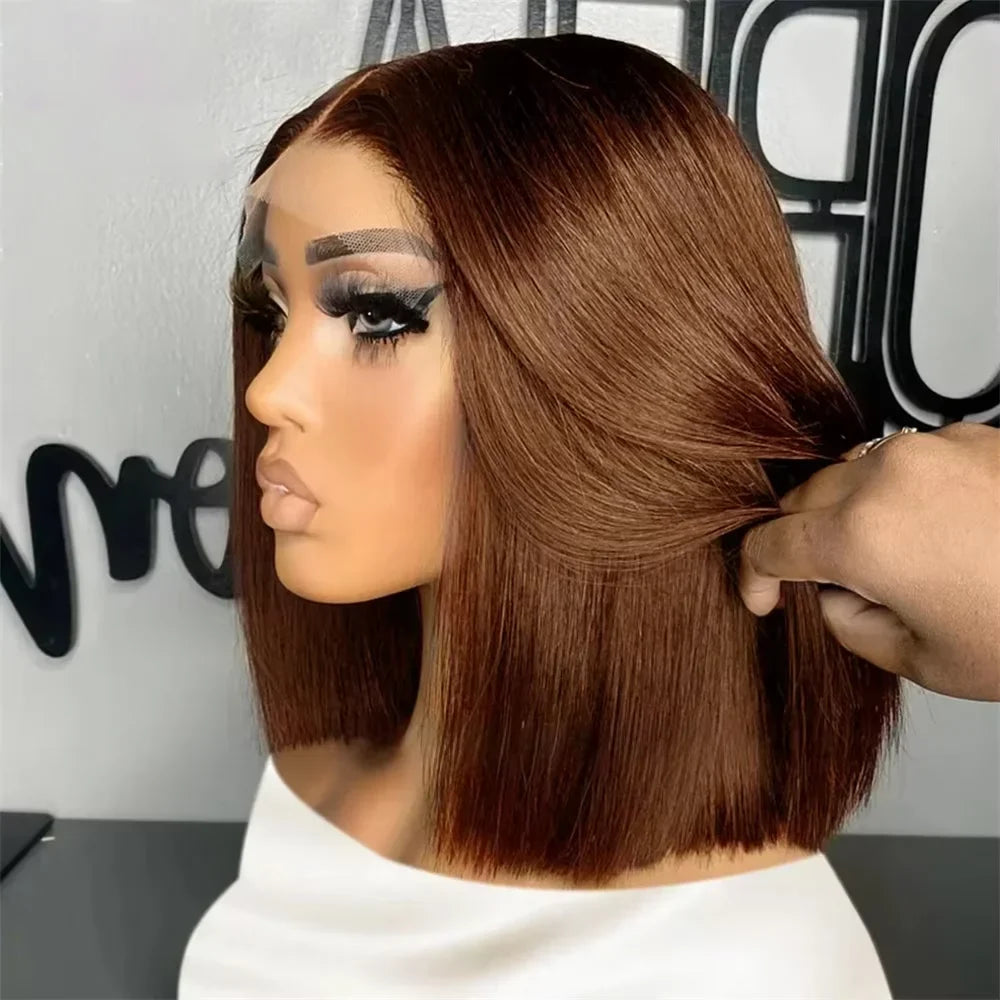 Chocolate Brown 13x4 and 4x4 Lace Frontal Straight Bob Human Hair Wig 16 Inch Pre-Plucked Remy