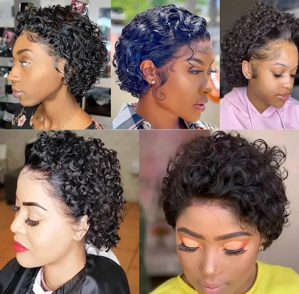 Curly Pixie Cut 13x1 Transparent Lace Frontal 100% Brazilian Human Hair Wig 99J Burgundy for Women
