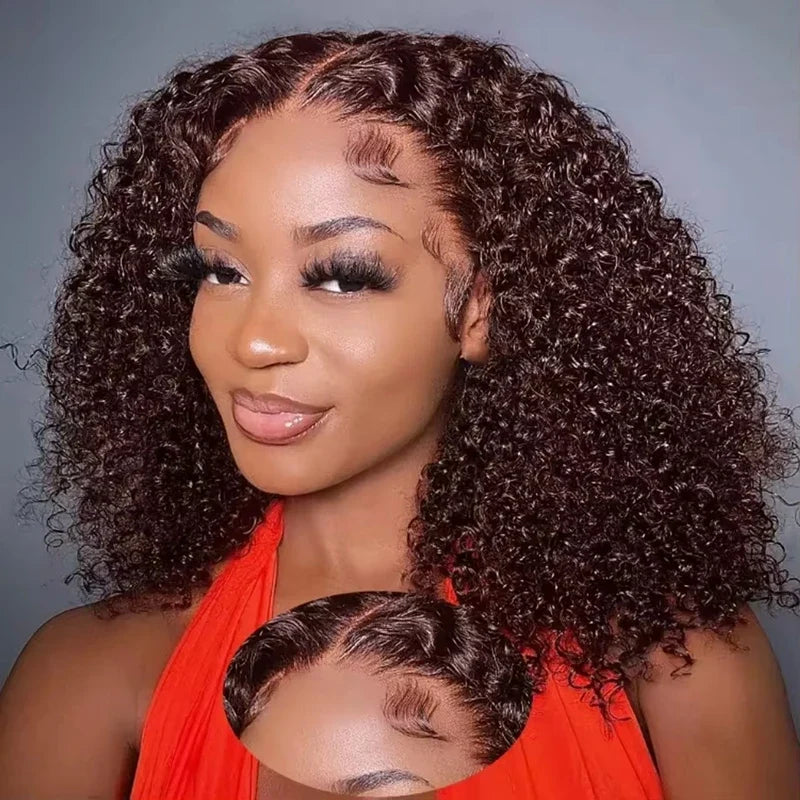 Chocolate Brown 13x4 Lace Frontal Short Kinky Curly Bob Remy Human Hair Wig