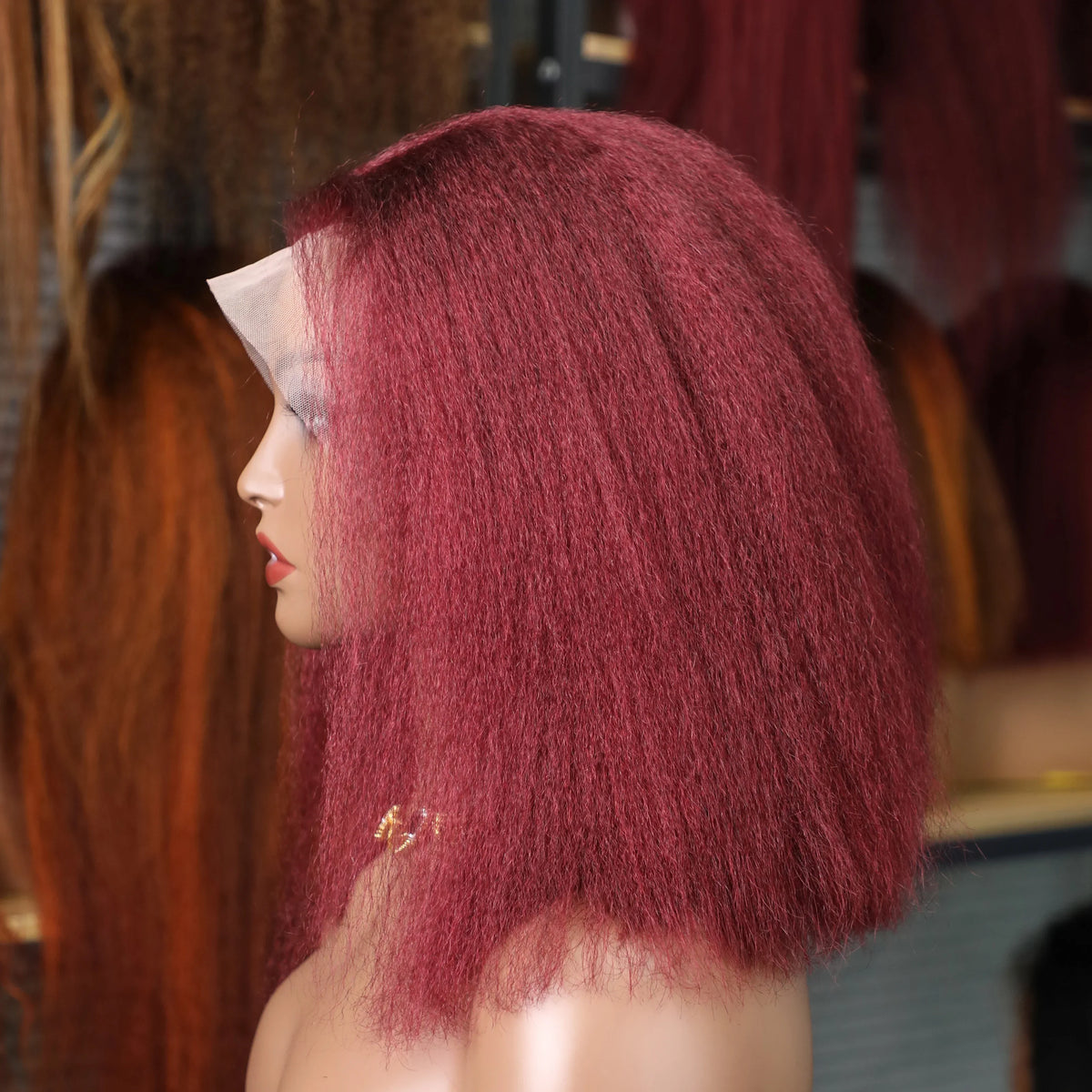 Kinky Straight 99J Burgundy Short Bob 13x4 Transparent Lace Human Hair Wig