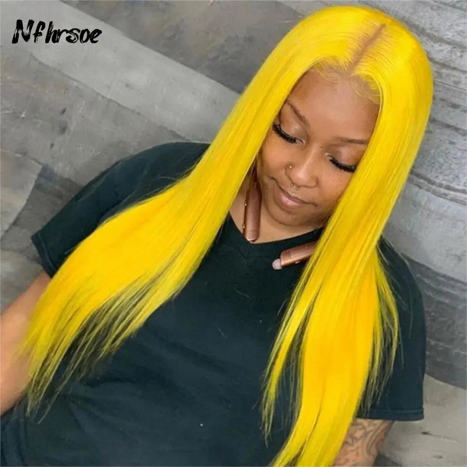Yellow Long Straight Brazilian 13x4 Transparent Lace Front Wig Pre Plucked