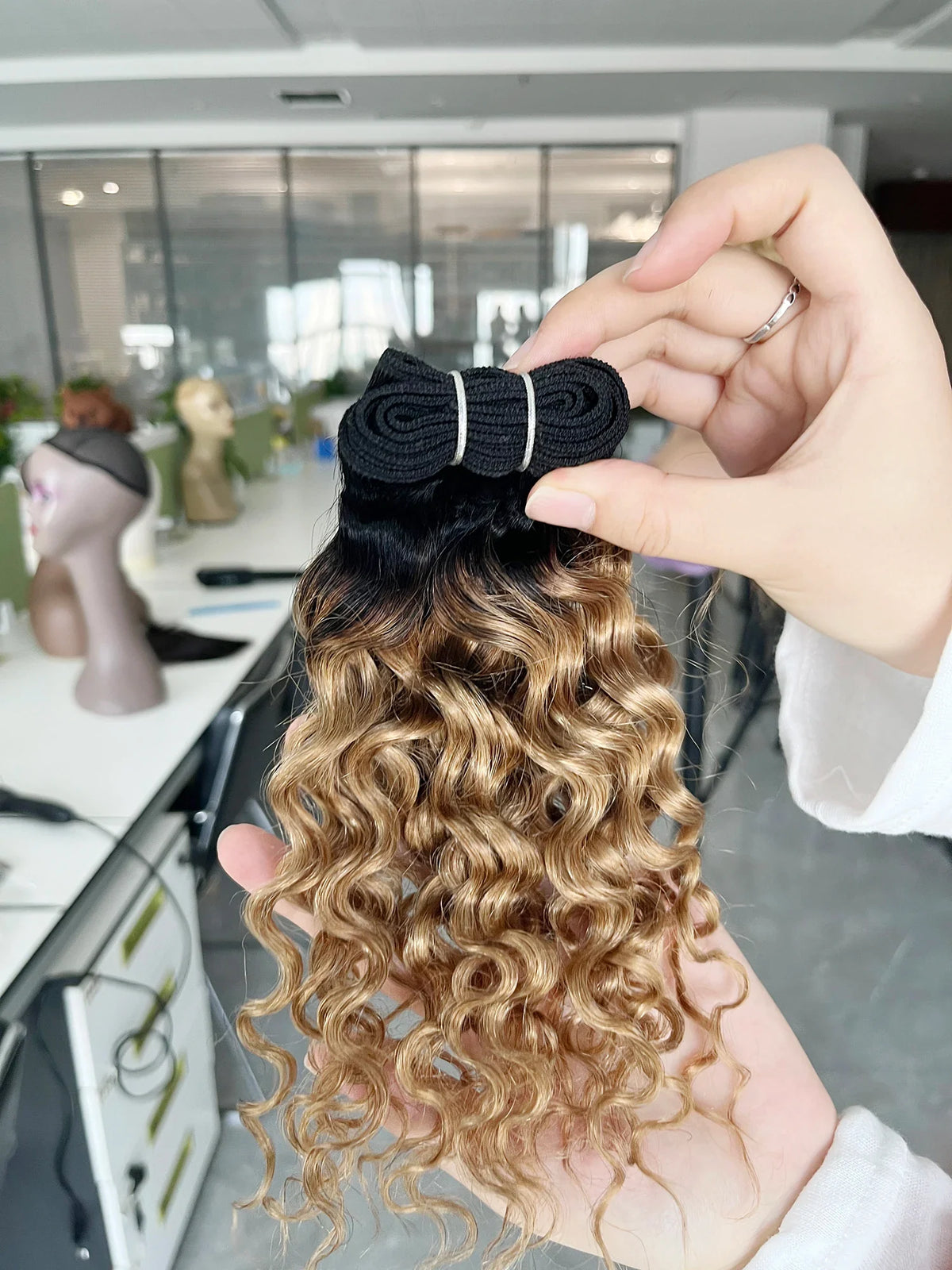 12 Inch 1B27 Ombre Black Honey Blonde Water Wave Curly Remy Human Hair Bundle