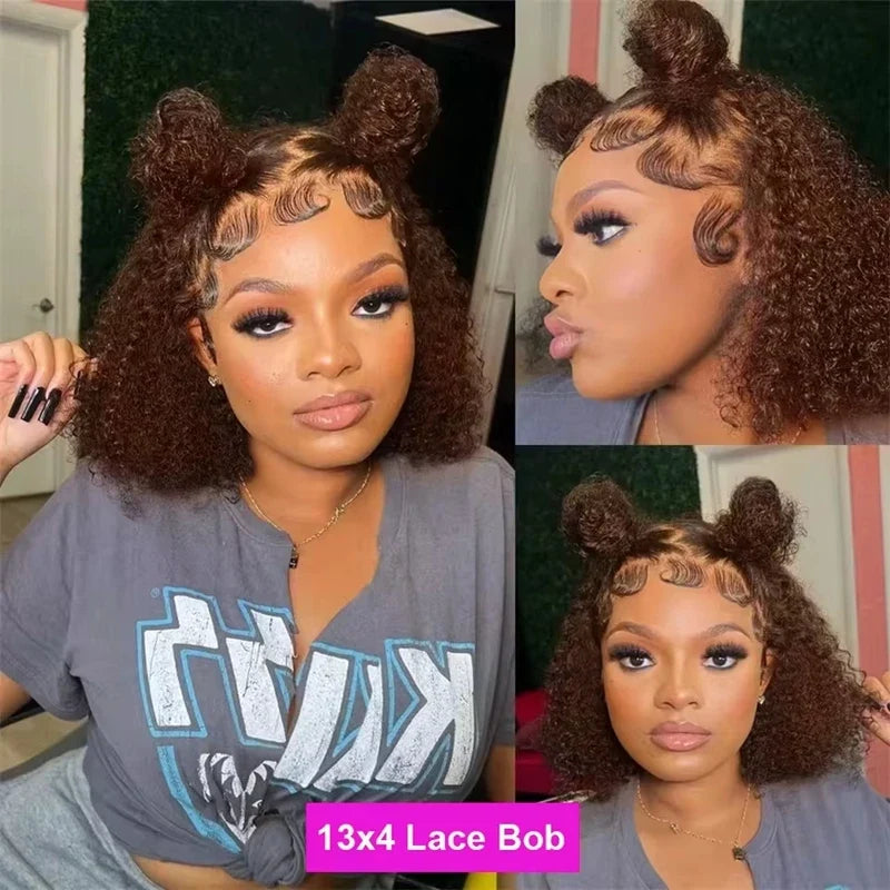 Chocolate Brown 13x4 Lace Frontal Short Kinky Curly Bob Remy Human Hair Wig