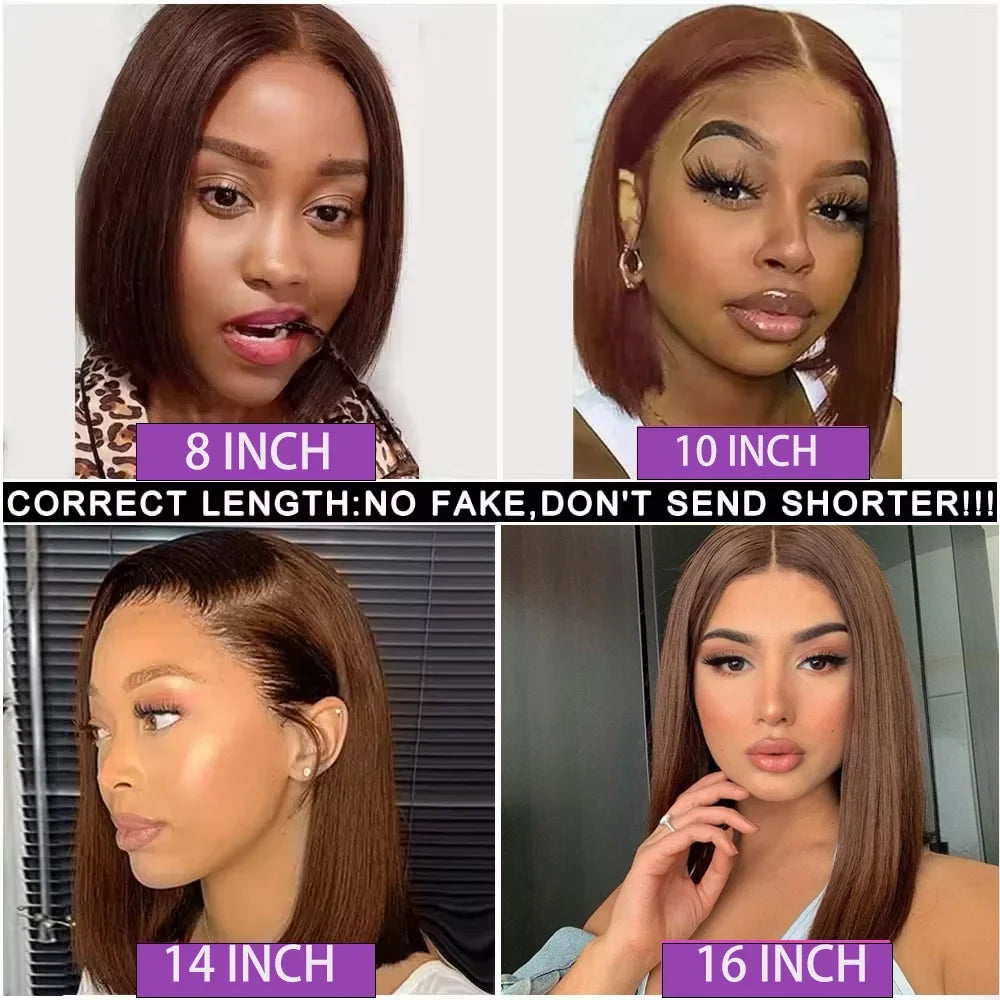 Chocolate Brown 13x4 and 4x4 Lace Frontal Straight Bob Human Hair Wig 16 Inch Pre-Plucked Remy