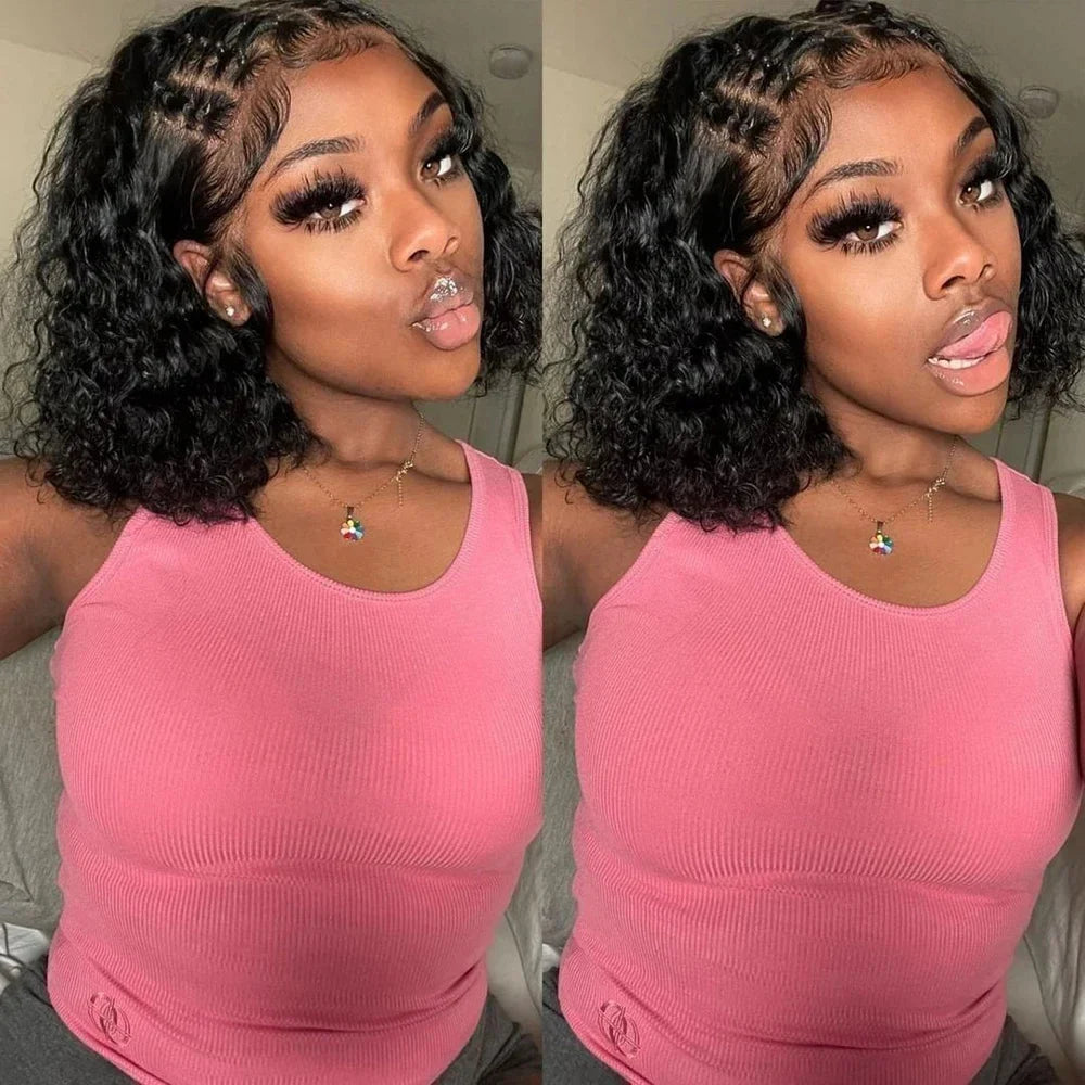 Water Wave 13x4 Transparent Lace Front Bob Wig 200% Density Brazilian Human Hair Short Wig