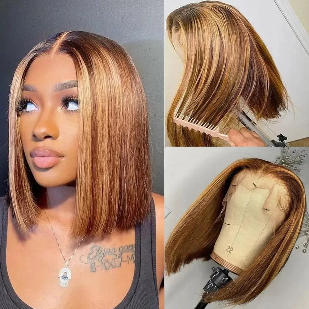 Straight Ombre Bob Wig 13x4 Transparent Lace 200% Density Brazilian Human Hair 4/27 Honey Brown