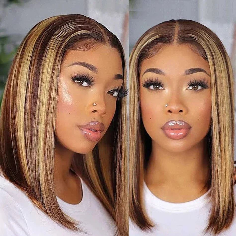 Straight Ombre Bob Wig 13x4 Transparent Lace 200% Density Brazilian Human Hair 4/27 Honey Brown