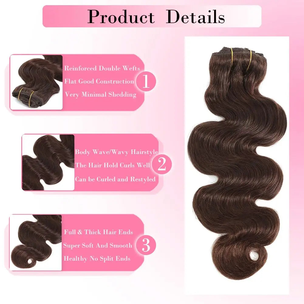 #4 Chocolate Brown Body Wave 100% Remy Brazilian Human Hair Clip-In Extensions 8-24 Inch 110g 8Pcs Set Full Head