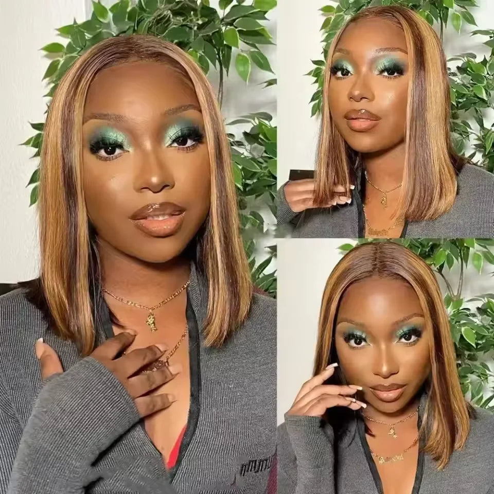 14 Inch 4/27 Brown Blonde Straight Brazilian 13x4 Transparent Frontal Bob Wig 200% Density Pre-Plucked
