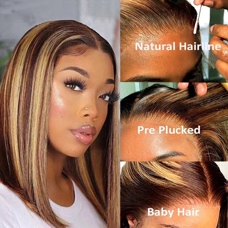 Straight Ombre Bob Wig 13x4 Transparent Lace 200% Density Brazilian Human Hair 4/27 Honey Brown