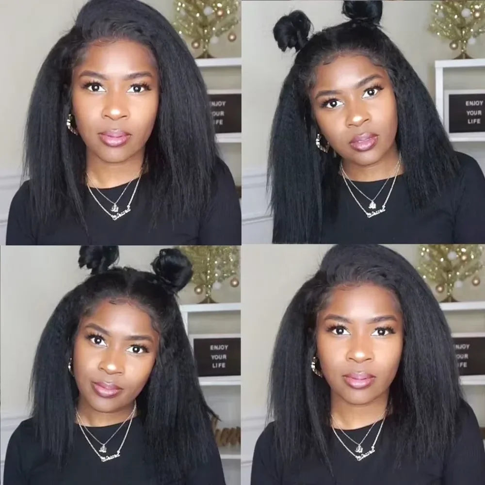 Transparent Kinky Straight 13x4 Lace Front Short Bob Human Hair Wig Pre Plucked Yaki