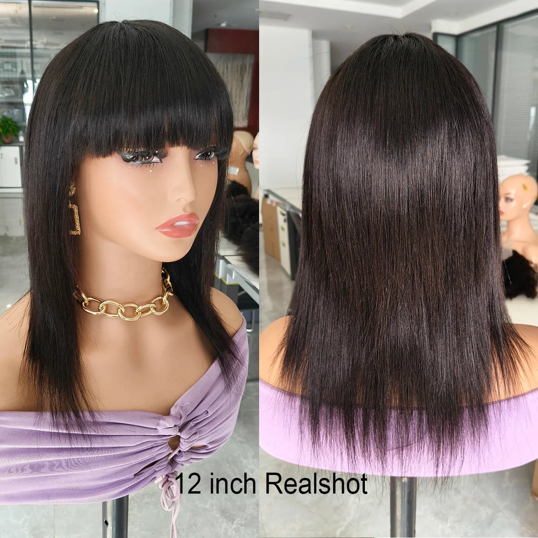 100% Human Hair Short Straight Wig with Bangs Natural Black Machine Made Bobbi