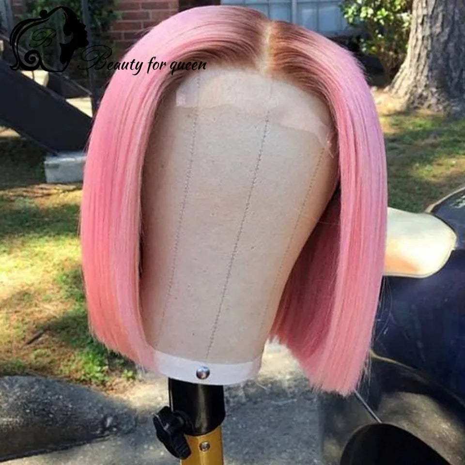 #4 Pink Short Bob 13x4 Lace Front Human Hair Wig Pre-Plucked Hairline