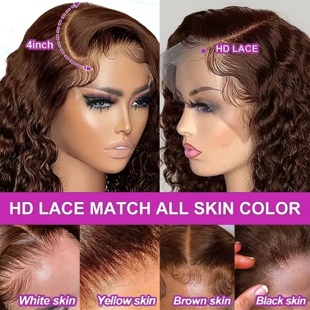 Deep Wave #4 Brown Short Bob Human Hair Wig 13x4 Transparent Lace Frontal