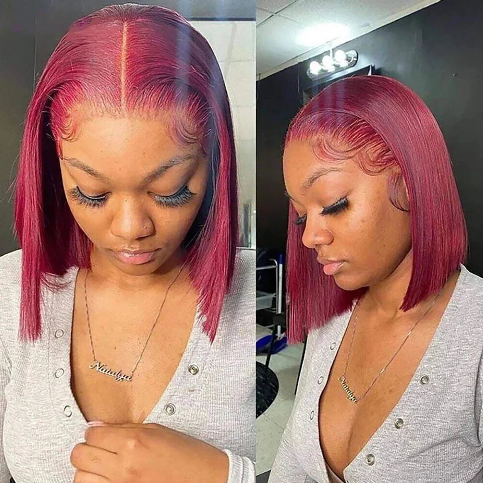 10-14 Inch Burgundy Transparent Lace Front Short Bob Human Hair Wig 200% Density