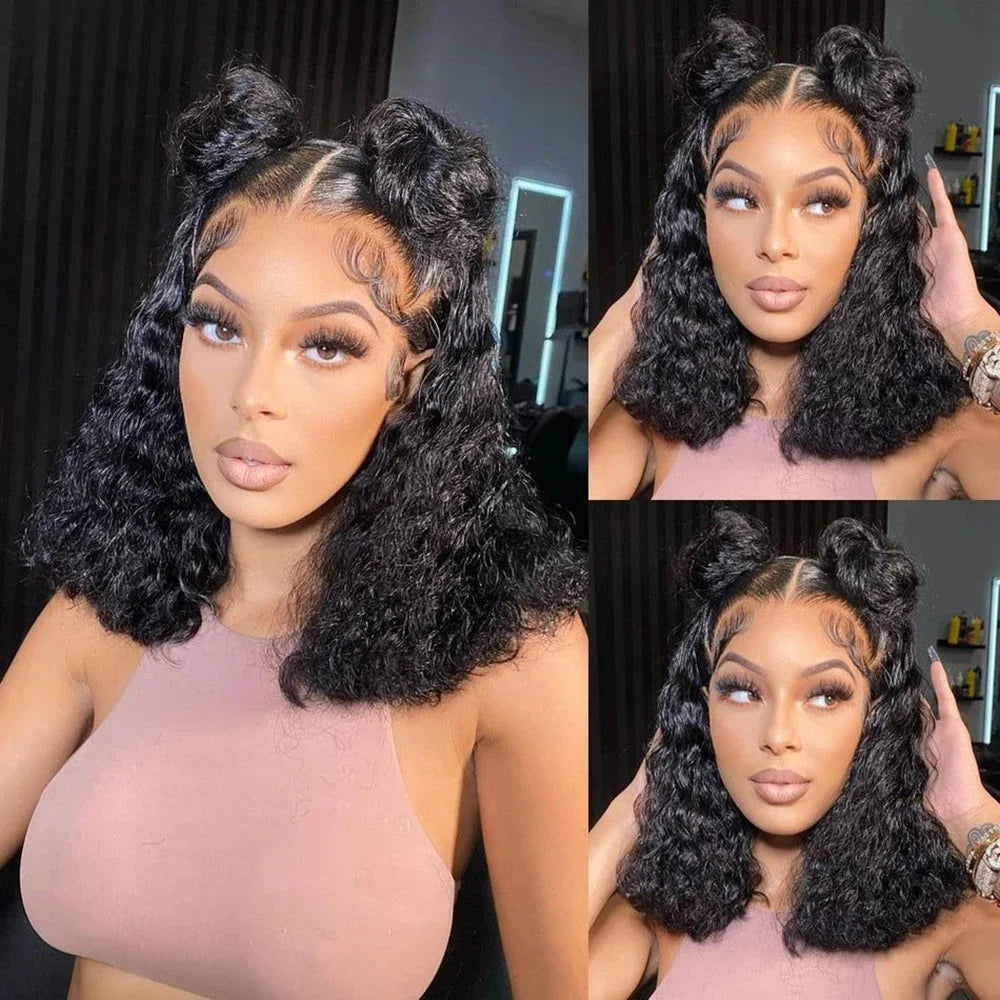 Water Wave 13x4 Transparent Lace Front Bob Wig 200% Density Brazilian Human Hair Short Wig