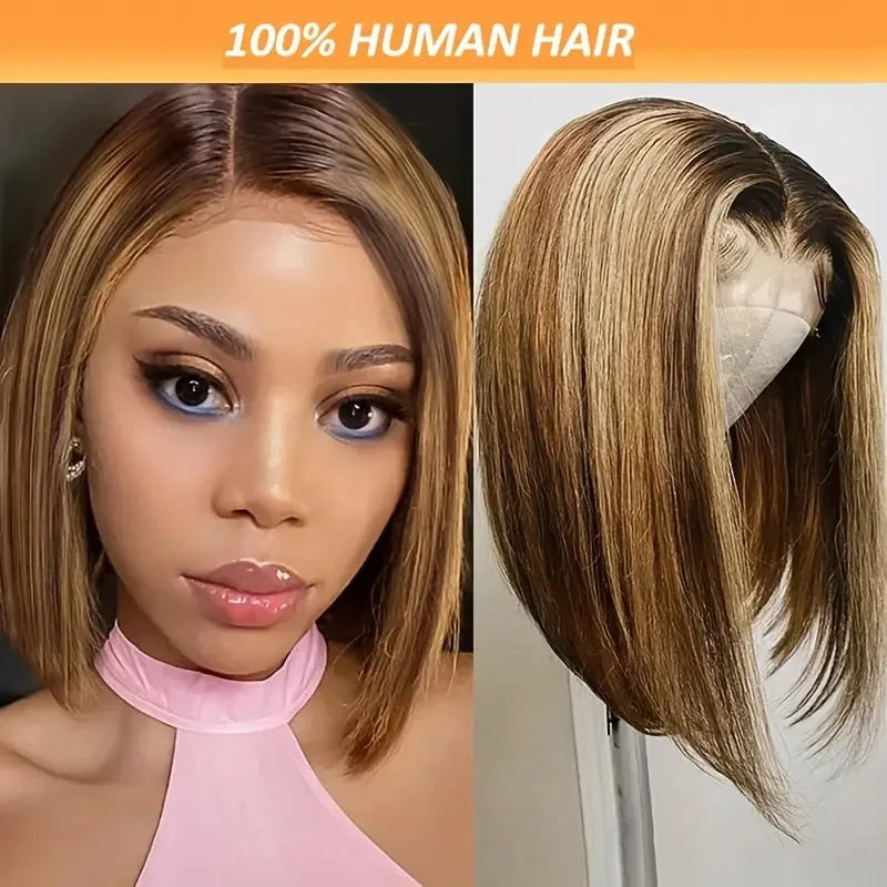 14 Inch 4/27 Brown Blonde Straight Brazilian 13x4 Transparent Frontal Bob Wig 200% Density Pre-Plucked