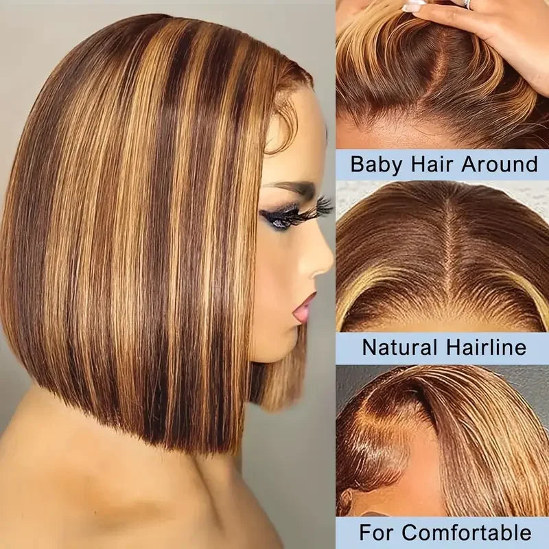 14 Inch 4/27 Brown Blonde Straight Brazilian 13x4 Transparent Frontal Bob Wig 200% Density Pre-Plucked