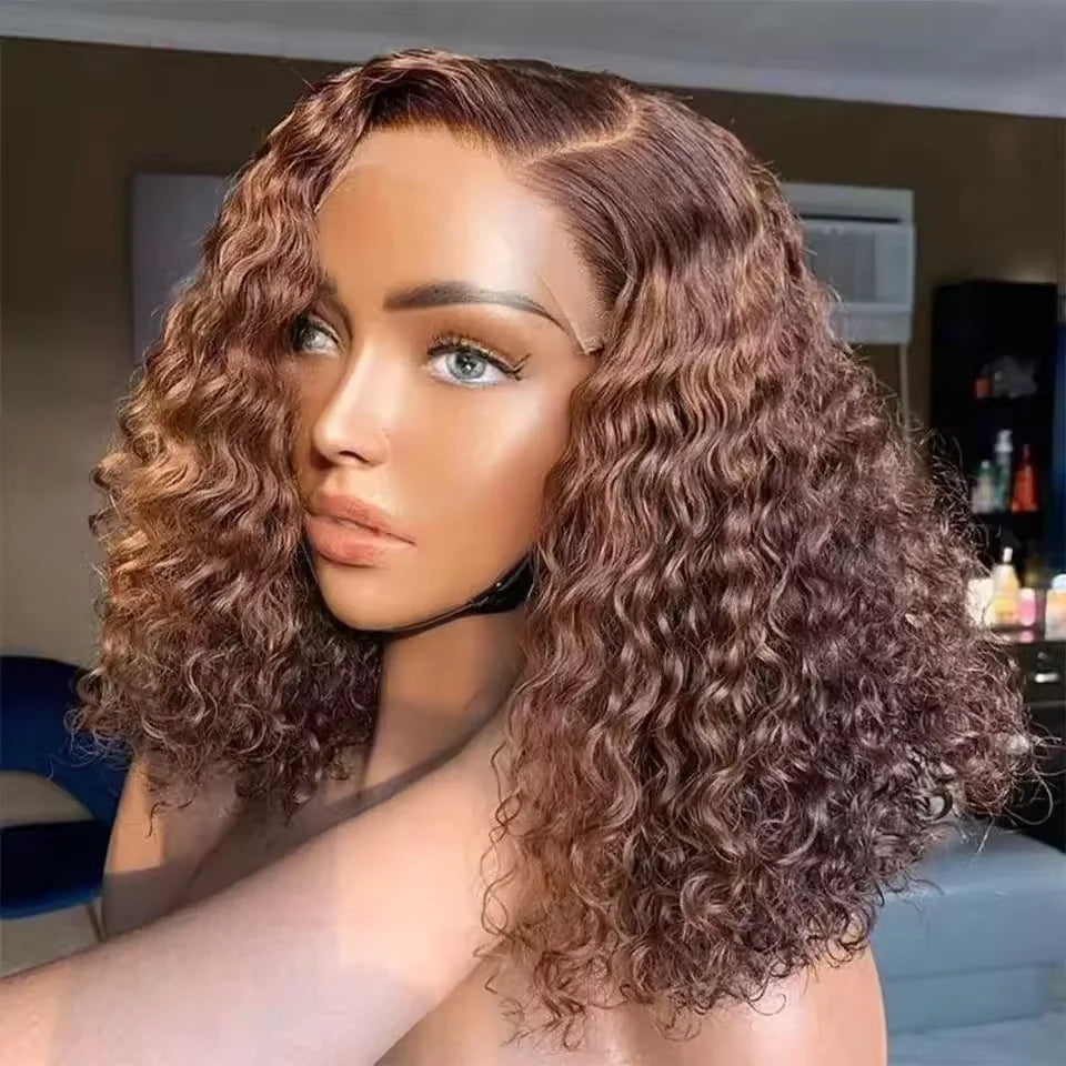 Chocolate Brown 13x4 Lace Frontal Short Kinky Curly Bob Remy Human Hair Wig