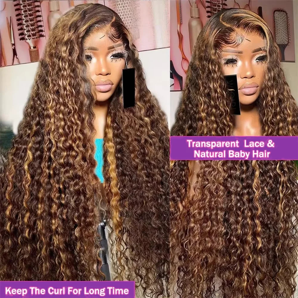 27 Inch Honey Brown Ombre Deep Wave 13x4 Transparent Lace Frontal Human Hair Wig