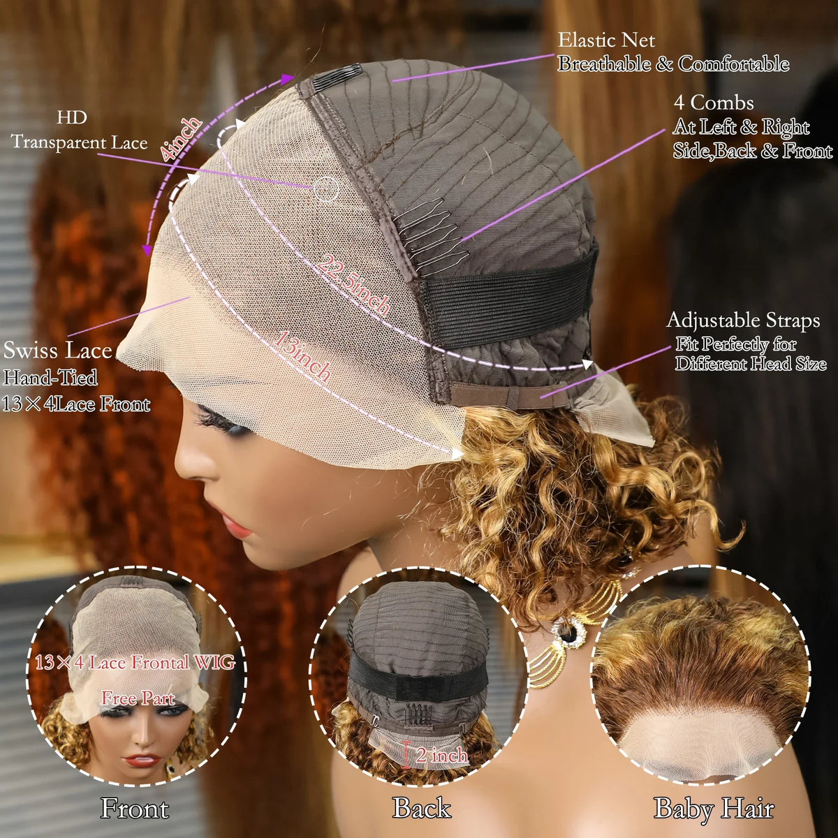 Brown Blonde Short Curly Bob 13x4 Transparent Lace Front Human Hair Wig 200% Density Water Wave