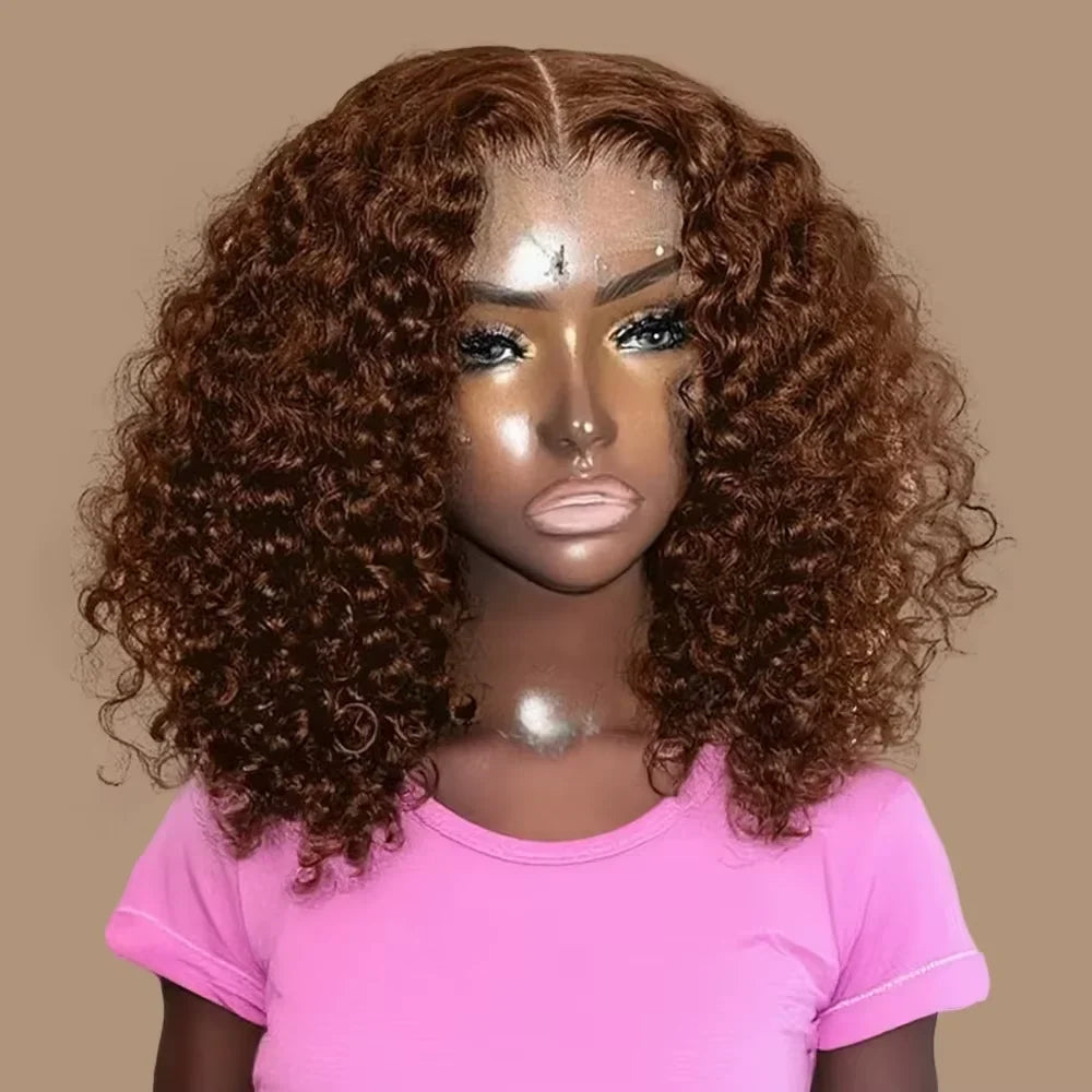 Deep Wave #4 Brown Short Bob Human Hair Wig 13x4 Transparent Lace Frontal