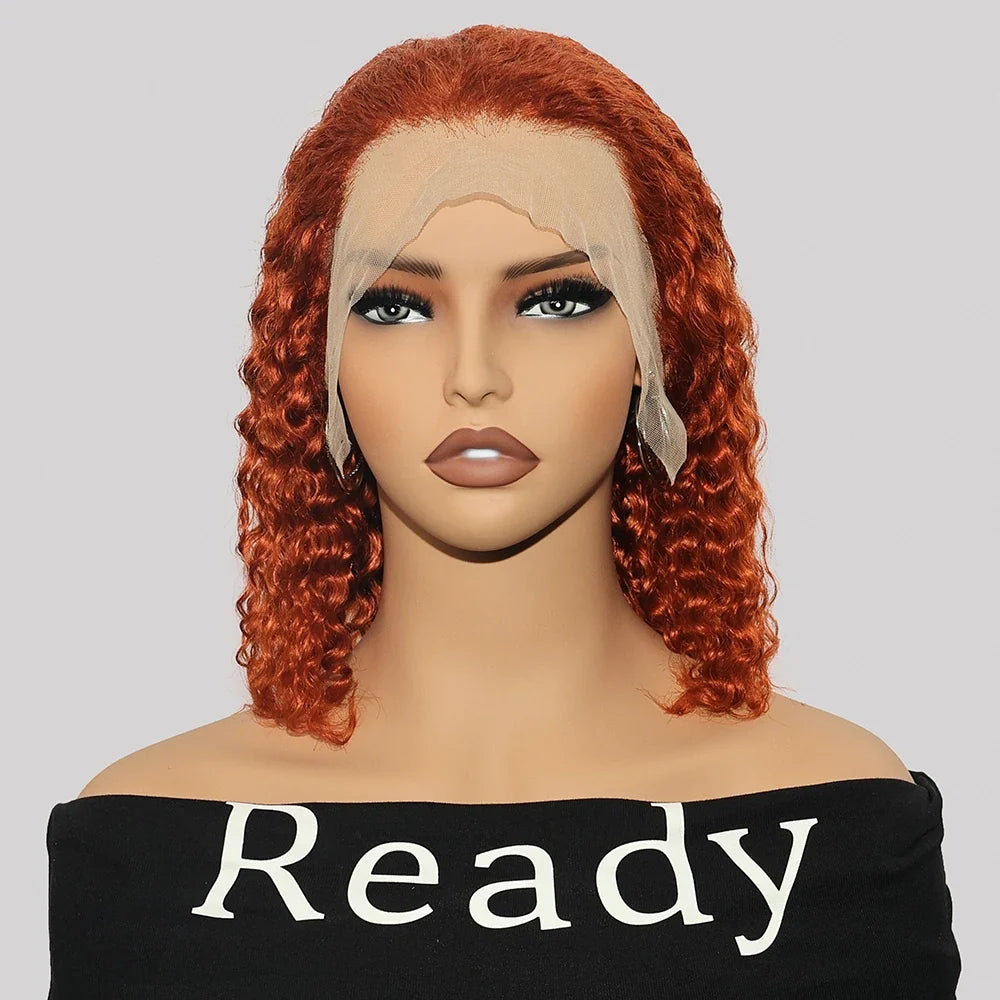 Ginger Orange Water Wave Short Bob 13x4 Lace Front Human Hair Wig 200% Density