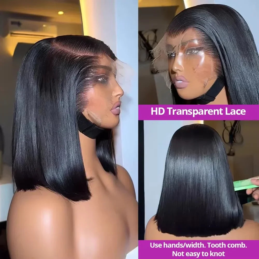 13x4 Straight Lace Frontal Bob Wig 14 Inch Pre Plucked Brazilian Remy Human Hair