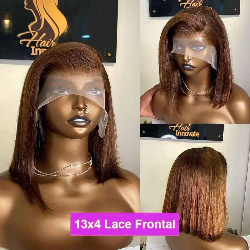 Chocolate Brown 13x4 and 4x4 Lace Frontal Straight Bob Human Hair Wig 16 Inch Pre-Plucked Remy