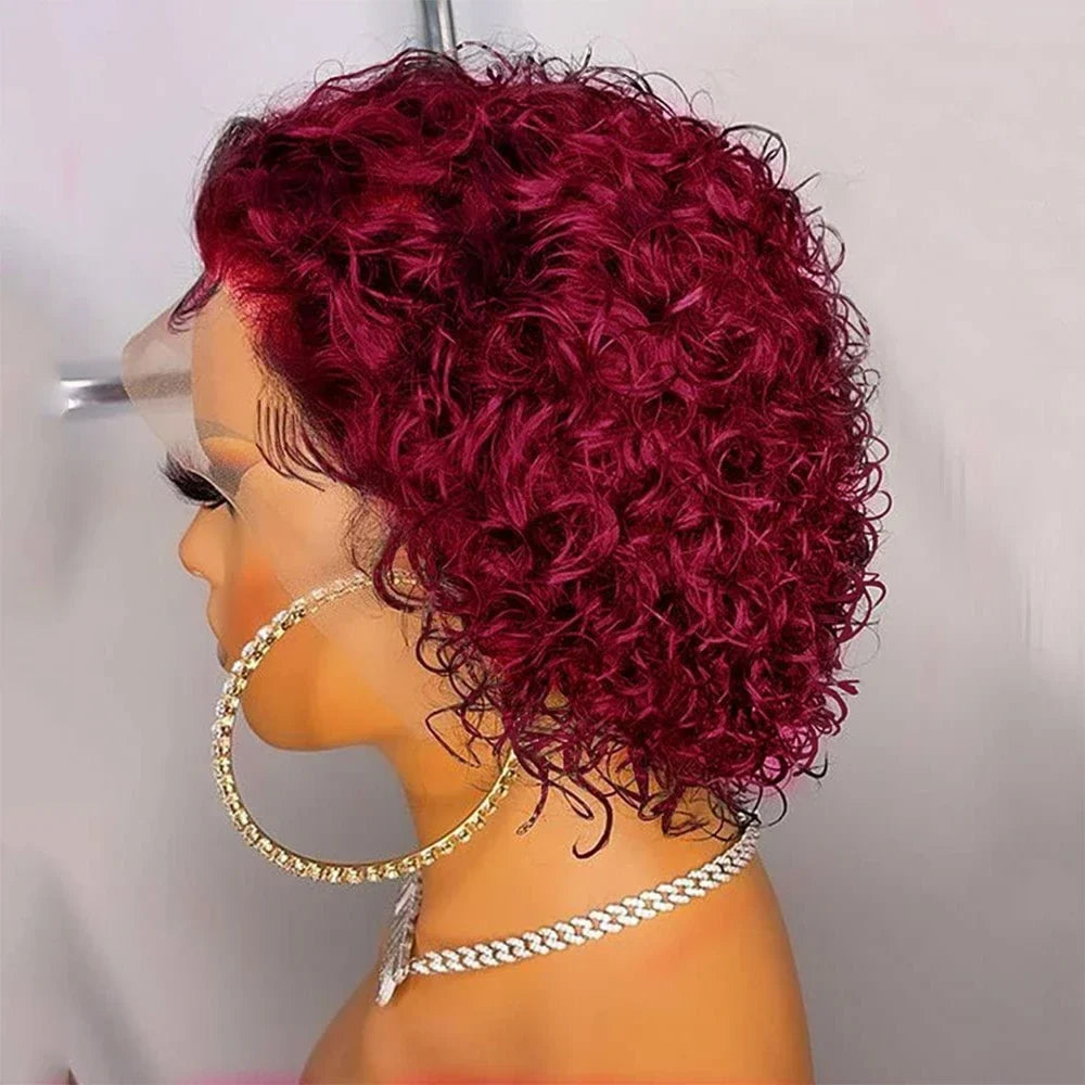 Curly Pixie Cut 13x1 Transparent Lace Frontal 100% Brazilian Human Hair Wig 99J Burgundy for Women