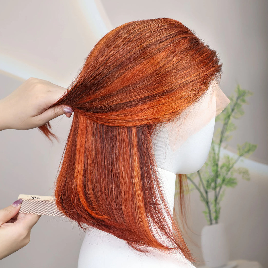 Highlight P4/350 Straight 13x4 Transparent Lace Short 14Inch Pre-Plucked Ginger Orange Human Hair Wig