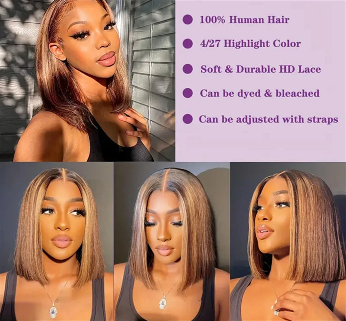 Brown Blonde Ombre 16 Inch Straight Bob Human Hair Wig 13x4 Lace Front 200% Density Pre-drawn Hairline