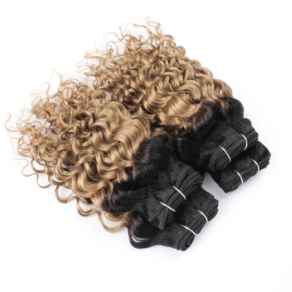 12 Inch 1B27 Ombre Black Honey Blonde Water Wave Curly Remy Human Hair Bundle