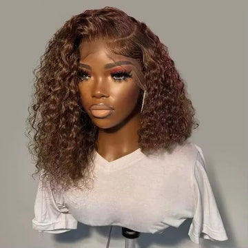 Chocolate Brown 13x4 Lace Frontal Short Kinky Curly Bob Remy Human Hair Wig