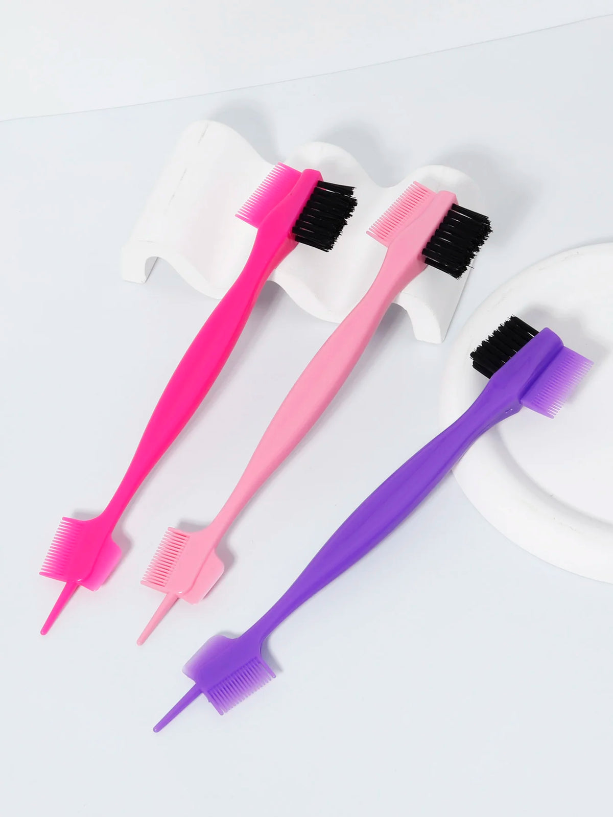 Three in One Edge Control Brush with Pointed Tail and Dual Comb Design 3 Piece Plastic Set