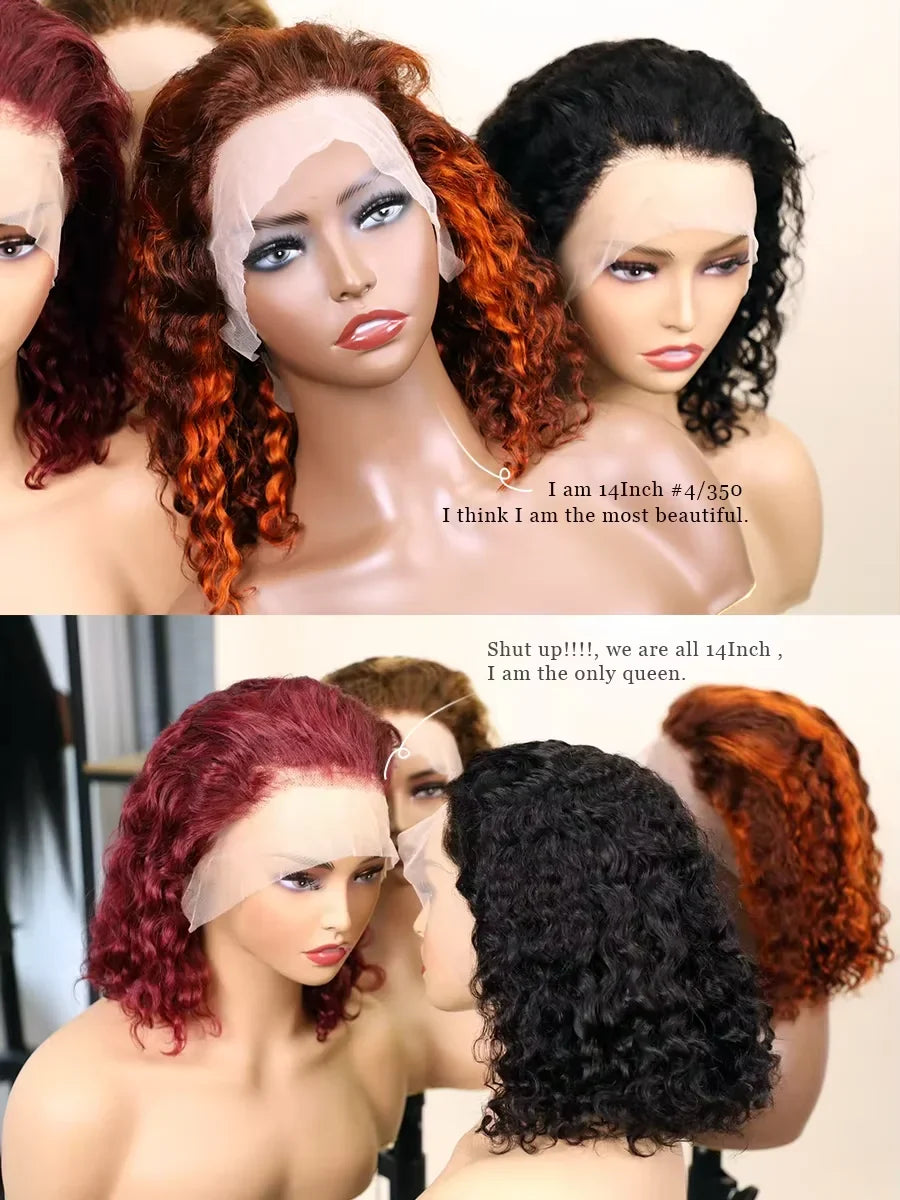 13x4 Transparent Lace Front Bob Wig 200% Density Water Wave Human Hair 99J Burgundy 4/350 4/27