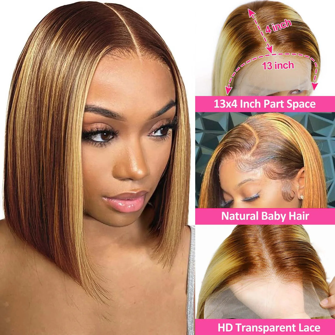 13x4 Transparent Lace Front Bob Wig Human Hair Ombre Honey Blonde 10-16 Inch 4/27 Colored Frontal Wig