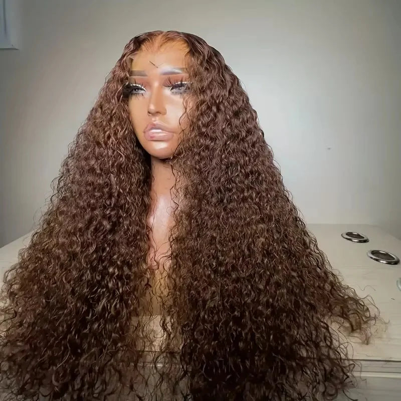 32-38 Inch Brazilian Deep Wave 13x4 Lace Front Human Hair Wig Chocolate Brown