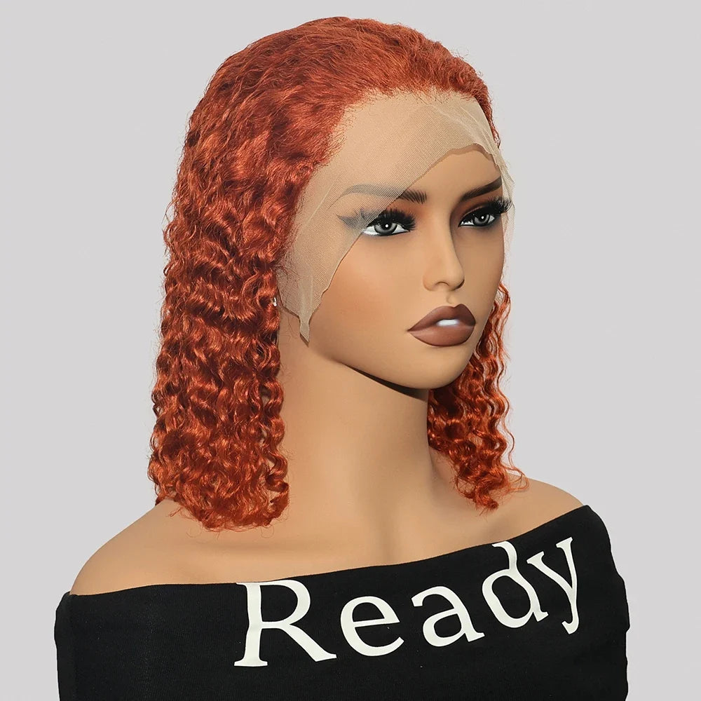 Ginger Orange Water Wave Short Bob 13x4 Lace Front Human Hair Wig 200% Density