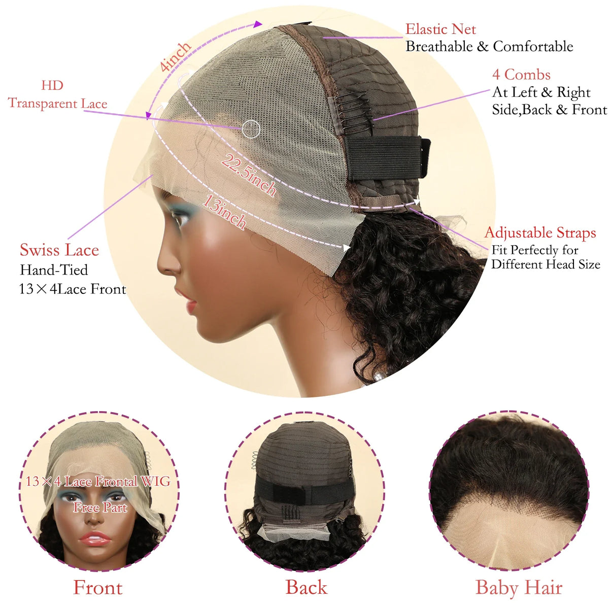 Water Wave 13x4 Transparent Lace Front Bob Wig 200% Density Brazilian Human Hair Short Wig