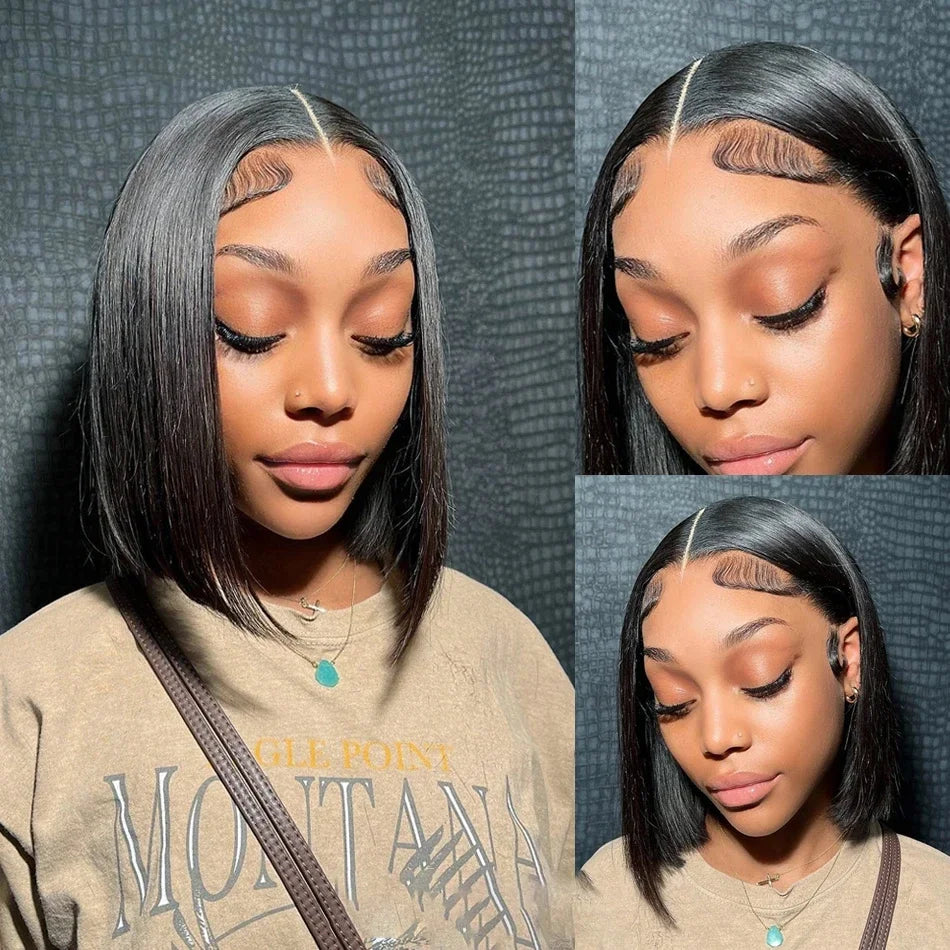 200% Density 13x4 Lace Front Bob Wig 16 Inch Straight 100% Human Hair with 2x6 4x4 5x5 HD Lace Closure